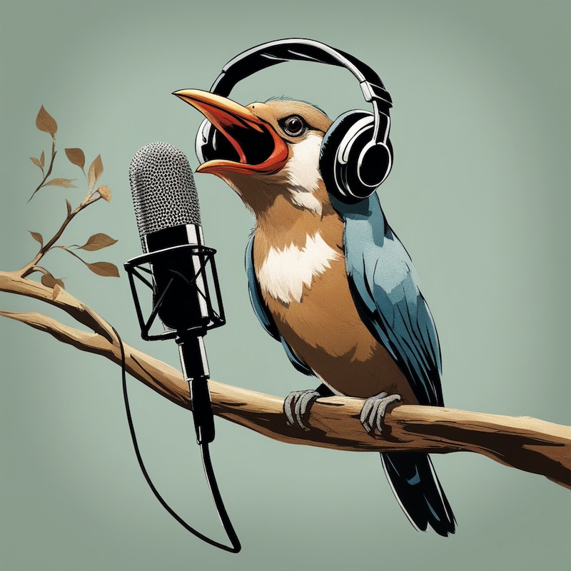 A bird on a branch singing into a microphone wearing recording headphones